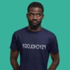 Man wearing funny navy blue t-shirt with the word Psychology printed in reverse on the front.