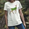 Woman wearing white dildo pun t-shirt with funny image of a doe deer with a dill pickle body printed on the front.