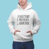 Man wearing white hoodie sweatshirt that has an image of a surgical scalpel and the phrase 'Vasectomy prevents abortion' printed on the front.