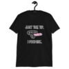 Black t-shirt that has an image of a strap-on dildo and the words 'Just the tip. I promise.' printed on the front.
