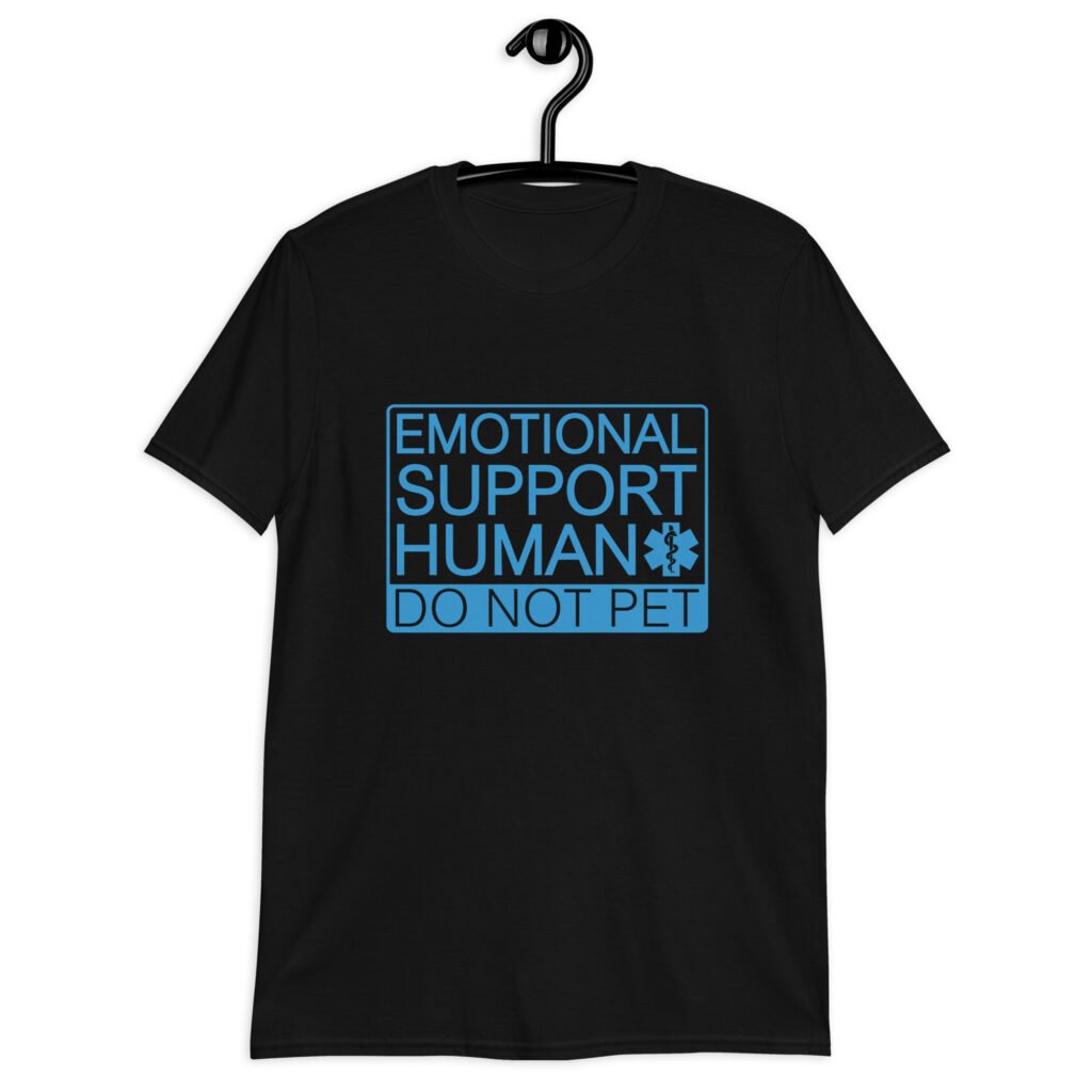 Black t-shirt with the text 'Emotional support human. Do not pet' printed on the front.