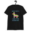 Black t-shirt with an image of a colorful donkey pinata with the words 'Worst part is I kind of like getting beat' printed on the front.