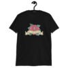 Black t-shirt with funny image of an old school rose flash tattoo with the words 'No ragrets' intentionally misspelled.