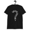 Black t-shirt with the text 'Question everything' printed on the front. The words are in the shape of a question mark.