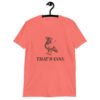Coral color t-shirt with an image of a pigeon and the words 'That's coo.' printed on the front.