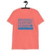 Coral color t-shirt with the text 'Emotional support human. Do not pet' printed on the front.