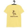 Cornsilk yellow t-shirt with an image of a pigeon and the words 'That's coo.' printed on the front.