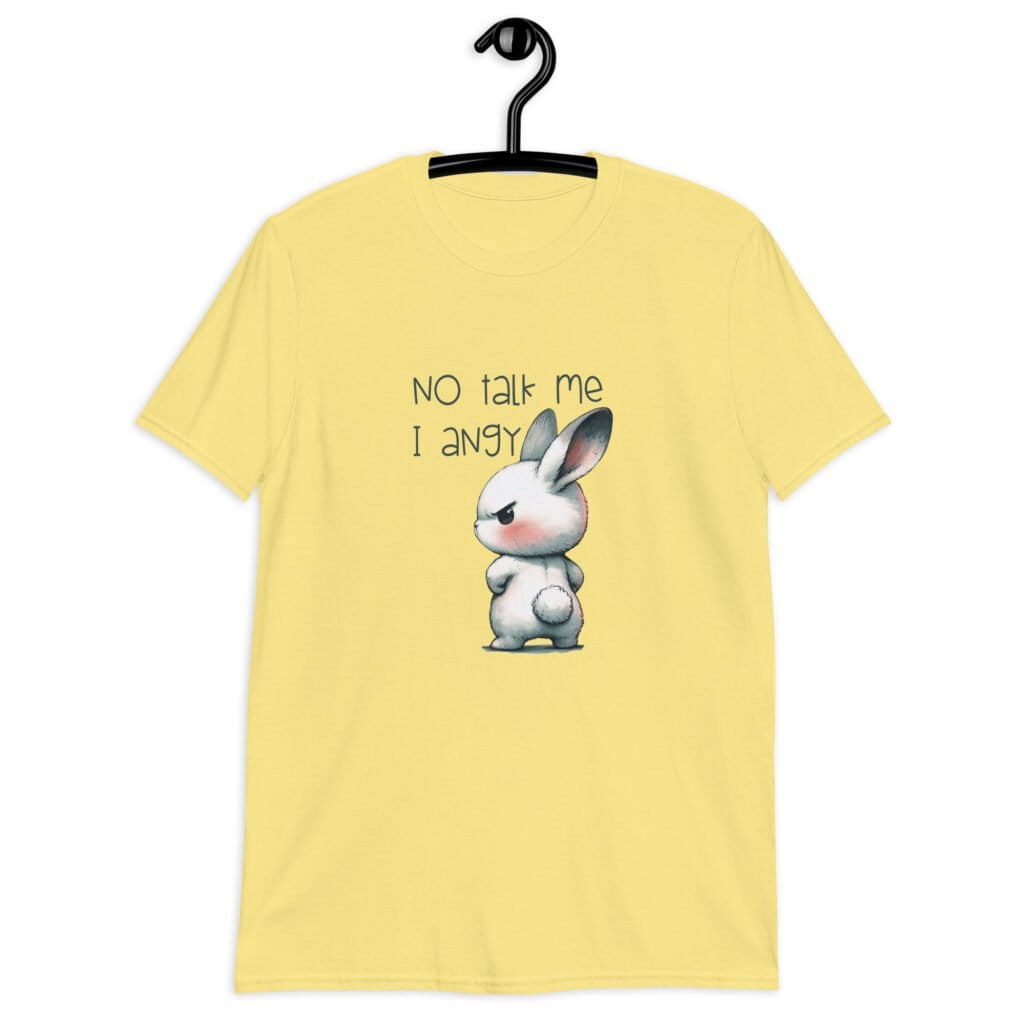 Cornsilk yellow t-shirt with an image of an angry bunny and the text 'No talk me I angy' printed on the front.