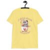 Cornsilk yellow t-shirt that says 'I think about murder' with image of cute fluffy kitten sitting in a teacup printed on the front.