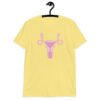 Cornsilk yellow t-shirt with image of a pink uterus flipping middle finger graphic printed on the front.