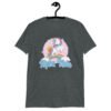 Dark heather grey t-shirt with funny pastel rainbow unicorn graphics and the words Alpha Male printed on the front.