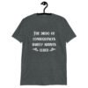 Dark heather grey t-shirt with the text 'The dildo of consequences rarely arrives lubed' printed on the front.