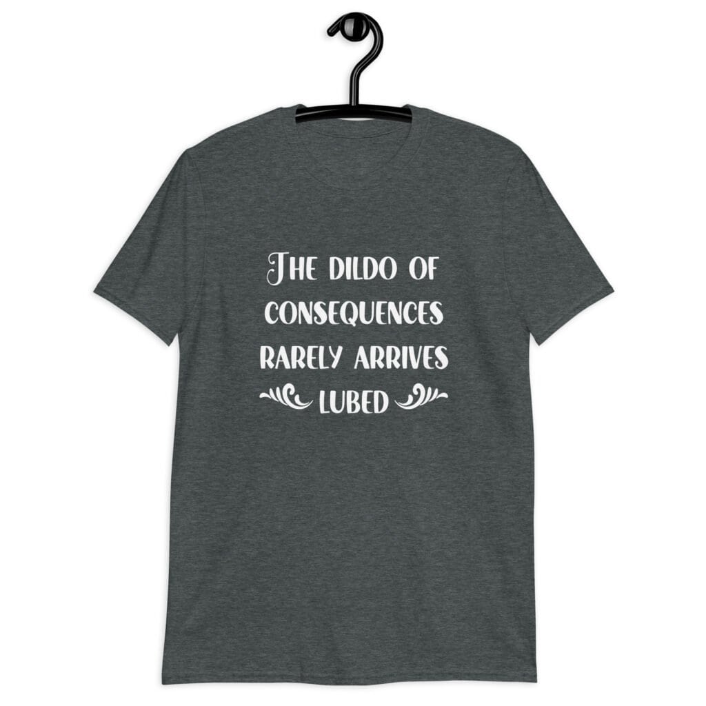 Dark heather grey t-shirt with the text 'The dildo of consequences rarely arrives lubed' printed on the front.