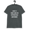 Dark heather grey t-shirt with the phrase 'What if there were no hypothetical questions?' printed on the front.