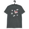 Dark heather grey t-shirt with Eileen name tag and white splatters printed on the front.