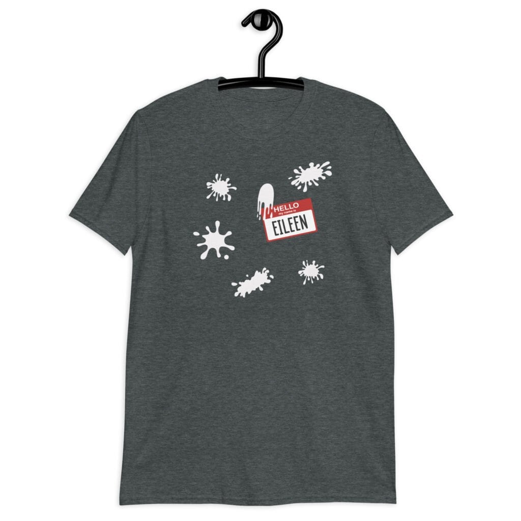 Dark heather grey t-shirt with Eileen name tag and white splatters printed on the front.