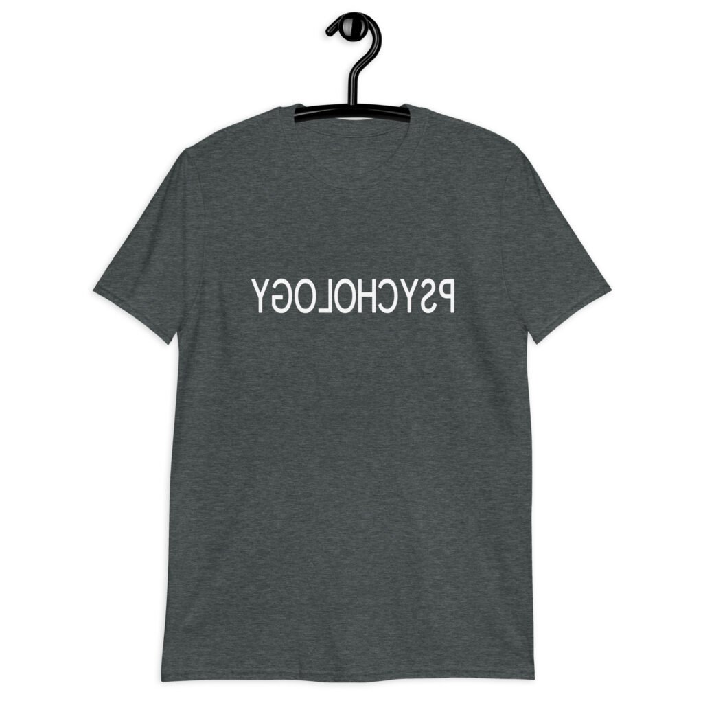 Dark heather grey t-shirt with the word Psychology printed in reverse on the front.