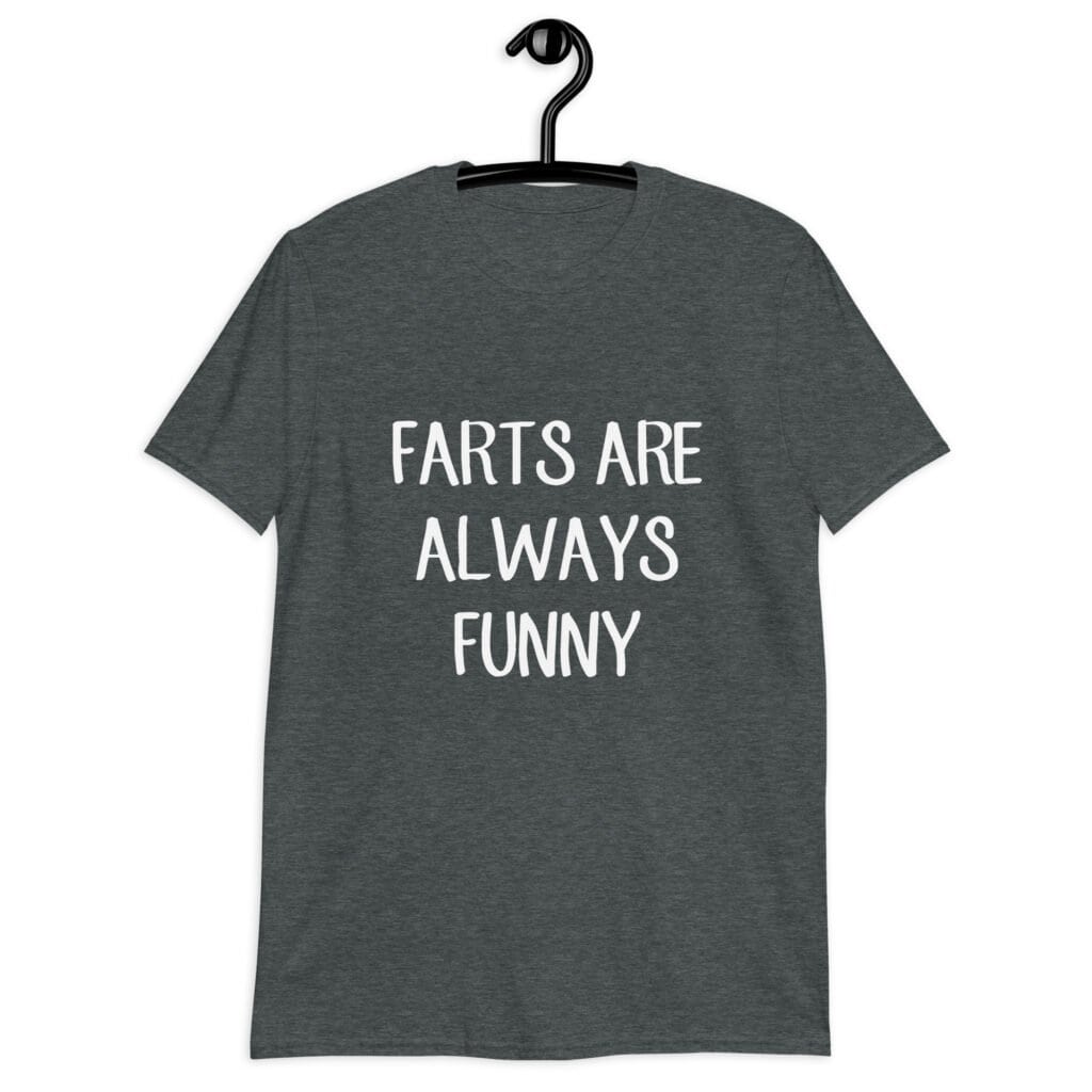 Dark heather grey t-shirt with the text 'Farts are always funny' printed on the front.