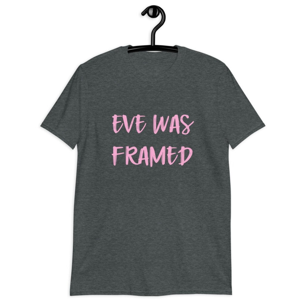 Dark heather grey t-shirt with the text 'Eve was framed' printed on the front in pink.