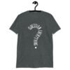 Dark heather grey t-shirt with the text 'Question everything' printed on the front. The words are in the shape of a question mark.