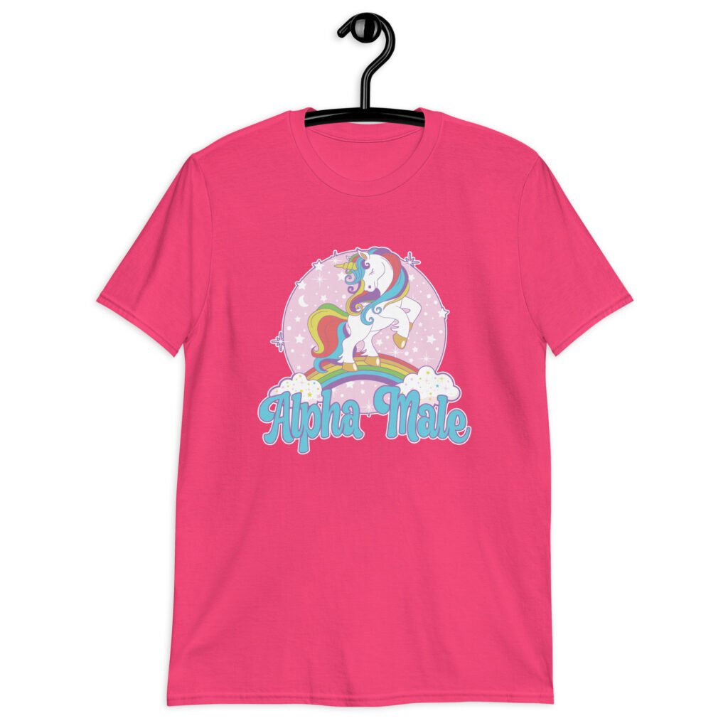 Heliconia pink t-shirt with funny pastel rainbow unicorn graphics and the words Alpha Male printed on the front.