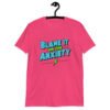 Heliconia pink t-shirt with the phrase 'Blame is on the anxiety' printed on the front. The graphics are bold and in aqua and lime green.
