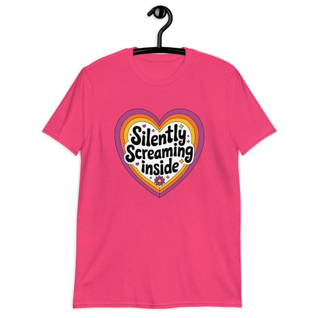 Heliconia pink t-shirt with a colorful graphic that says 'Silently screaming inside'. The graphics are printed on the front.