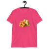 Heliconia pink t-shirt with an image of tater tots and two pears printed on the front.