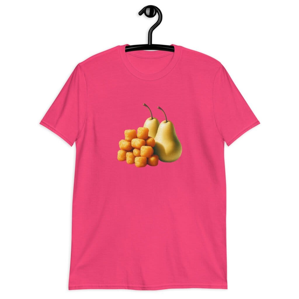 Heliconia pink t-shirt with an image of tater tots and two pears printed on the front.