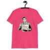 Heliconia pink t-shirt with graphic of a retro man holding sign that says 'Ladies, mansplaining is short for man explaining' printed on the front.