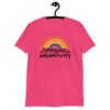 Heliconia pink t-shirt with a graphic of a rainbow and the words 'Spread negativity' printed on the front.