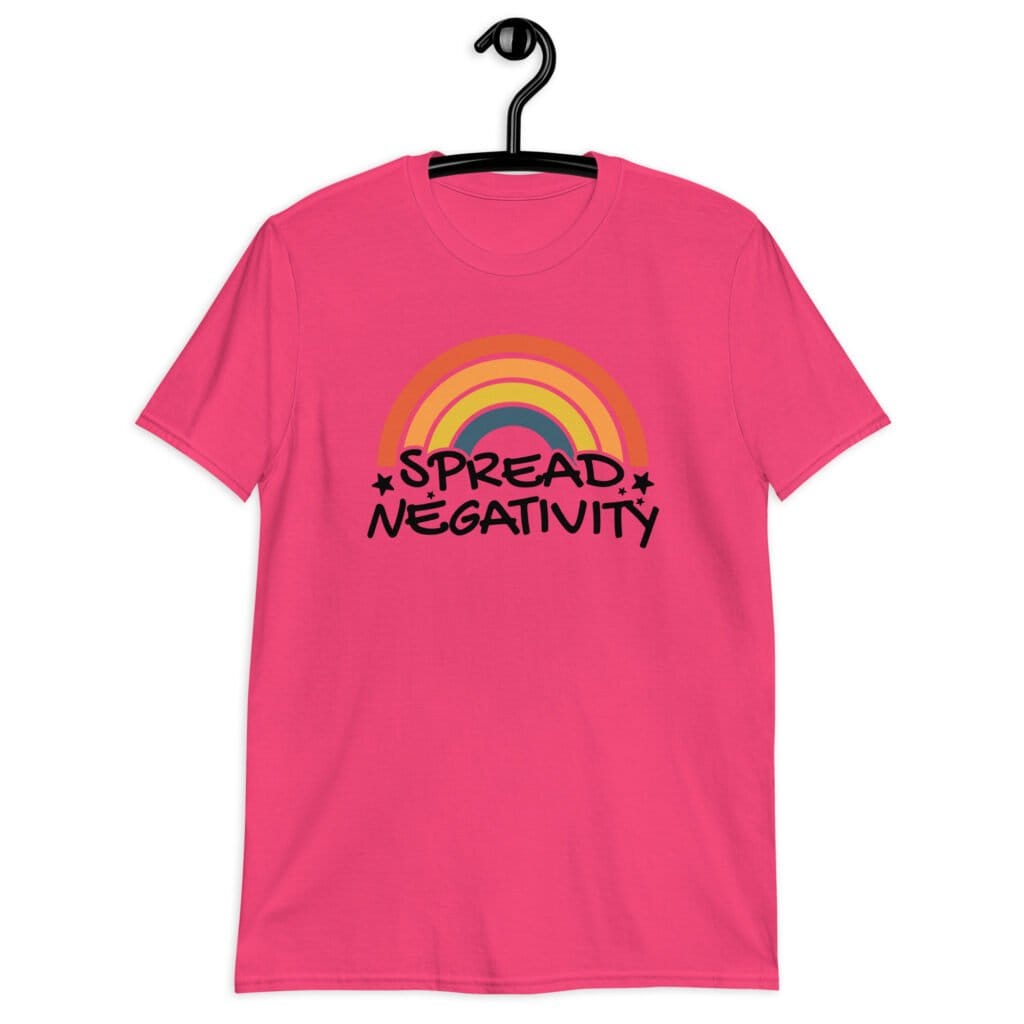 Heliconia pink t-shirt with a graphic of a rainbow and the words 'Spread negativity' printed on the front.