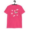 Heliconia pink t-shirt with Eileen name tag and white splatters printed on the front.