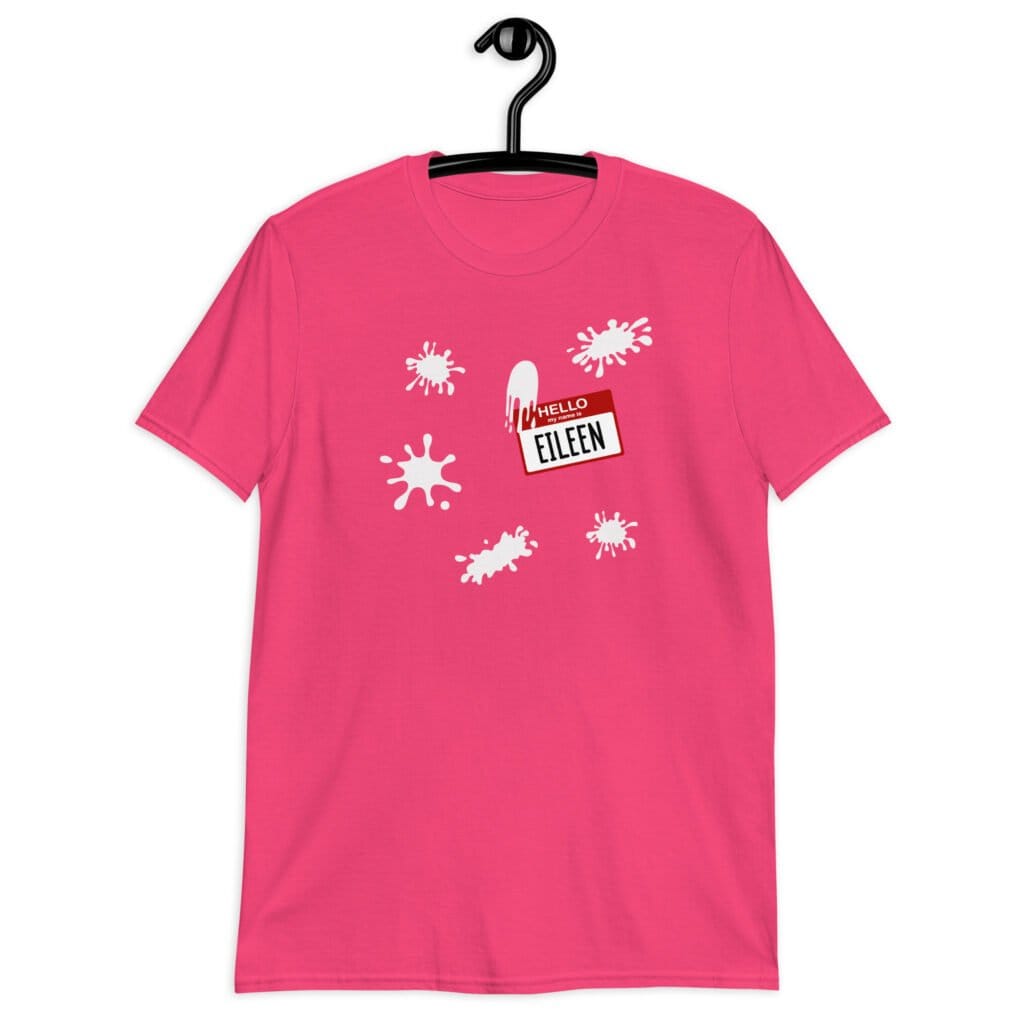 Heliconia pink t-shirt with Eileen name tag and white splatters printed on the front.