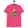 Heliconia pink t-shirt with an image of grey haired older woman enjoying a bite of a piece of cake with the words 'I hope your cake is as moist as I am' printed on the front.