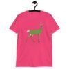 Heliconia pink t-shirt with funny image of a doe deer with a dill pickle body printed on the front.