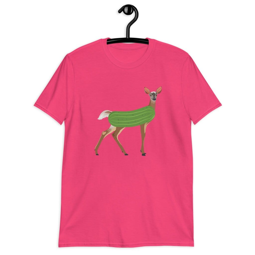 Heliconia pink t-shirt with funny image of a doe deer with a dill pickle body printed on the front.