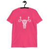 Heliconia pink t-shirt with image of a pink uterus flipping middle finger graphic printed on the front.