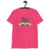 Heliconia pink t-shirt with funny image of an old school rose flash tattoo with the words 'No ragrets' intentionally misspelled.