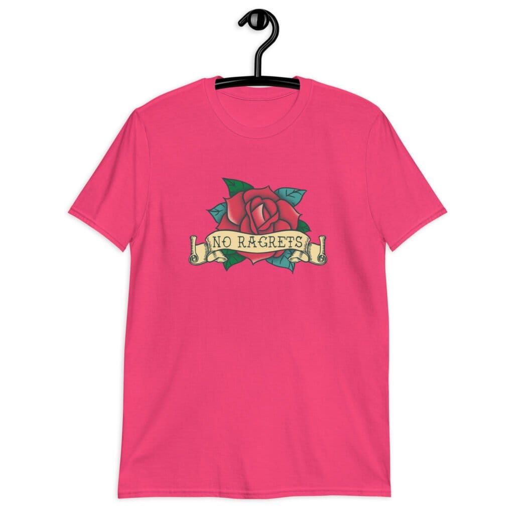 Heliconia pink t-shirt with funny image of an old school rose flash tattoo with the words 'No ragrets' intentionally misspelled.