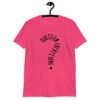 Heliconia pink t-shirt with the text 'Question everything' printed on the front. The words are in the shape of a question mark.