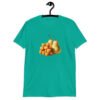 Jade color t-shirt with an image of tater tots and two pears printed on the front.