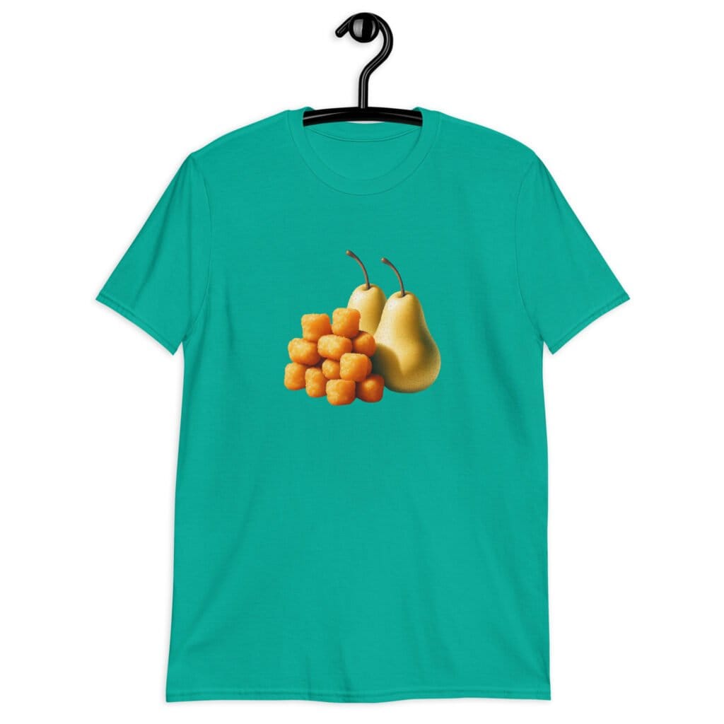 Jade color t-shirt with an image of tater tots and two pears printed on the front.