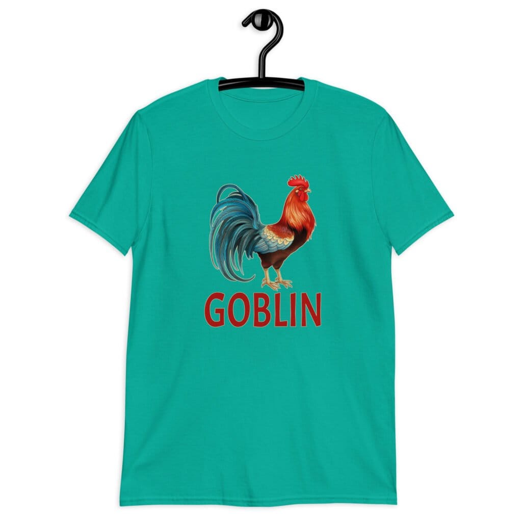 Jade color t-shirt with an image of a rooster and the word 'Goblin' printed under the rooster. The graphics are printed on the front of the shirt.