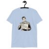 Light blue t-shirt with graphic of a retro man holding sign that says 'Ladies, mansplaining is short for man explaining' printed on the front.