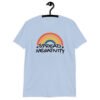 Light blue t-shirt with a graphic of a rainbow and the words 'Spread negativity' printed on the front.