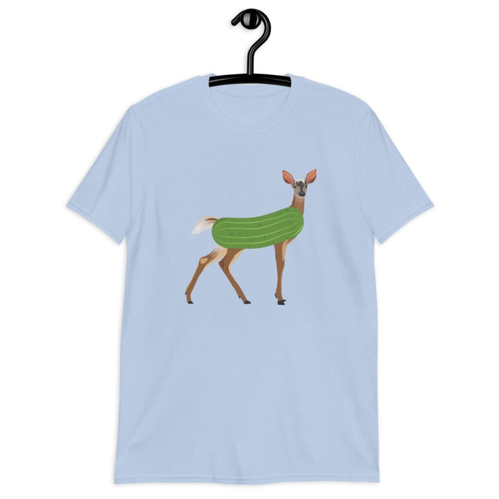 Light blue t-shirt with funny image of a doe deer with a dill pickle body printed on the front.