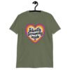 Military green t-shirt with a colorful graphic that says 'Silently screaming inside'. The graphics are printed on the front.