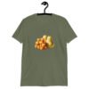 Military green t-shirt with an image of tater tots and two pears printed on the front.