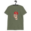 Military green t-shirt with an image of a hand over lips making the shh gesture. The words 'Shut the fuck up' are printed on the hand. The graphics are printed on the front.